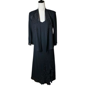 R&M Richards 2 Piece Black Beaded Evening Dress 6P |‎ Ruffle Slit Lined Chiffon